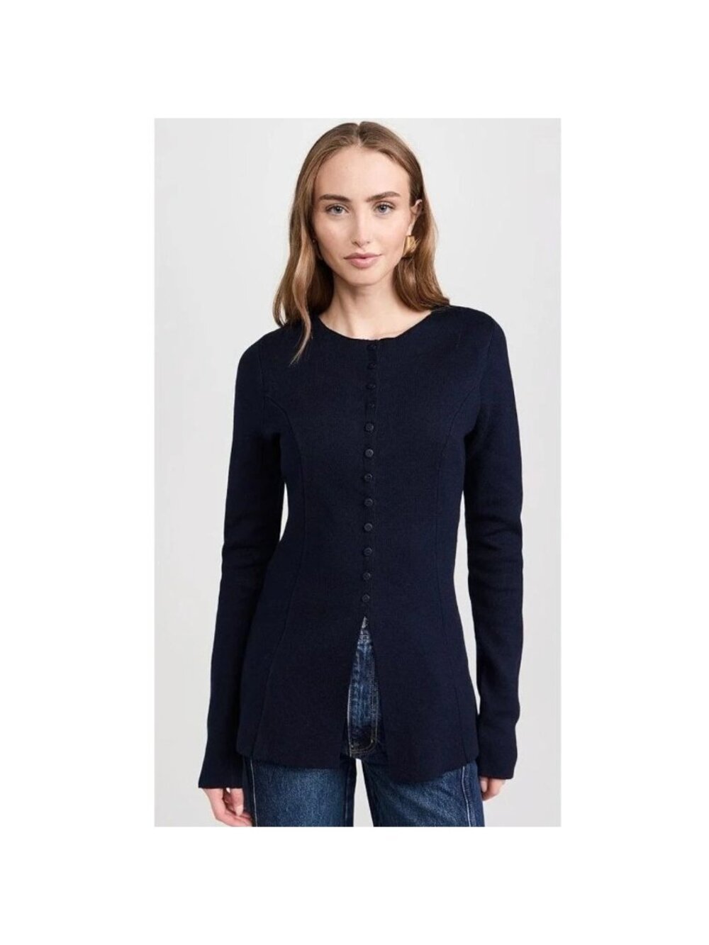 Aligne Daphne Waisted Knit Cardigan Navy Blue Button Front Wool Blend Sweater 8